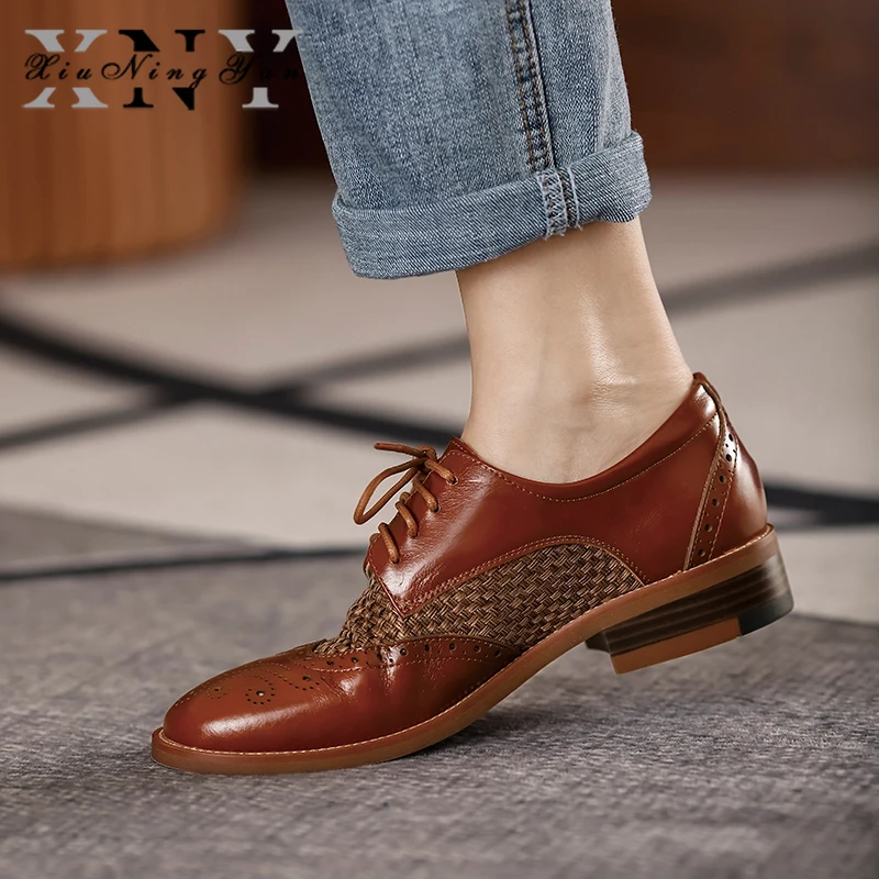 

British Style Women Brogues Summer Flats Shoes Genuine Leather Female Footwear Lace-Up Retro Round Toe Office Lady Oxfords Woman