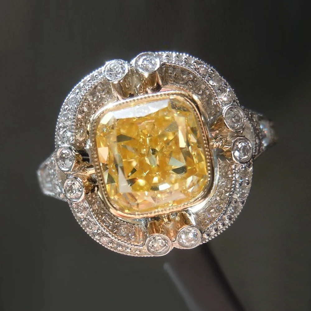 

New Silver Color Yellow Cubic Zircon Ethnic Ring Women Princess Cut Engagement Wedding Ring for Female High Quality Ring Jewelry