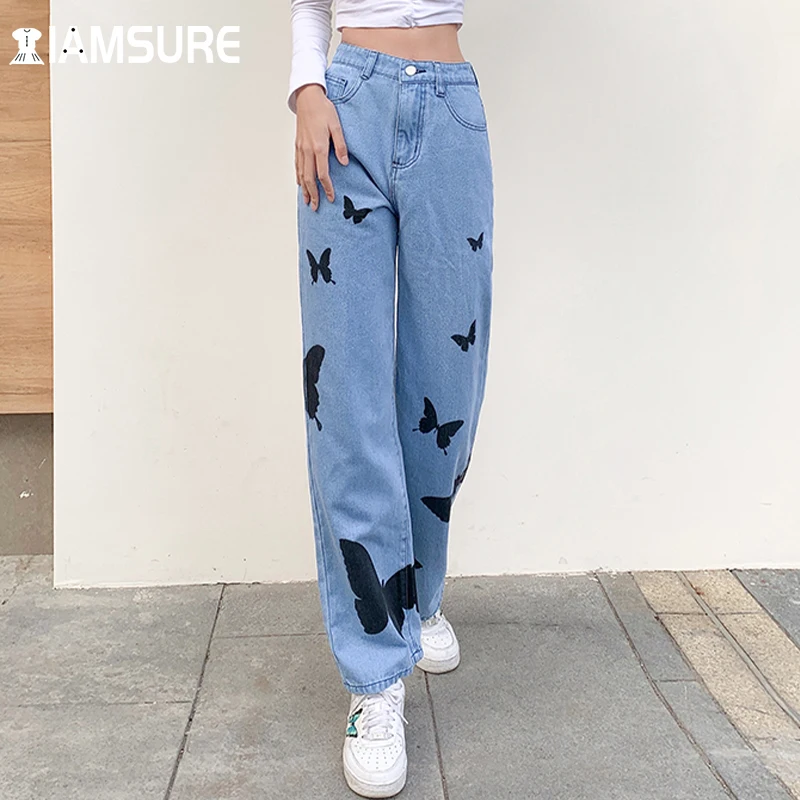 

IAMSURE Butterfly Printed Jeans Casual Streetwear Y2K Cool High Waisted Trousers Sweet Wide Leg Pants Women 2021 Fashion Korean