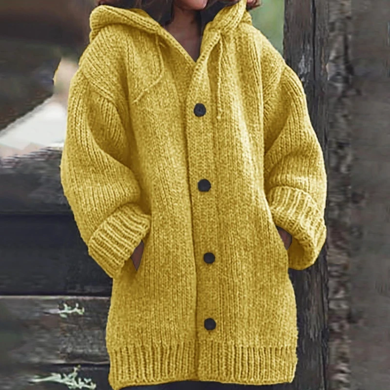 

Autumn Ladies Sweater Cardigan With Hood Solid Color Knitted Single Breasted Drawstring Casual Sweater