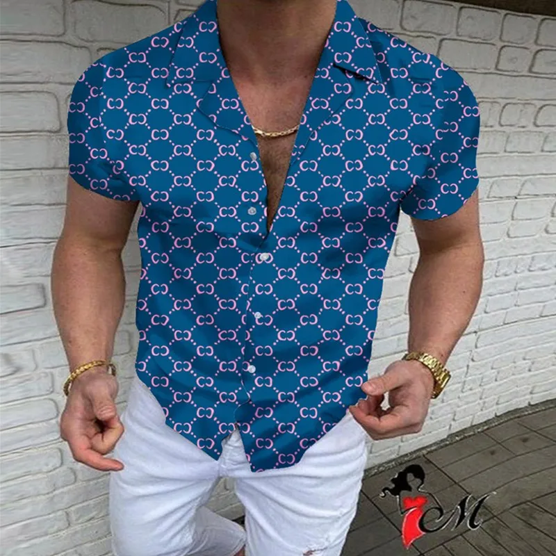 

Hot Sale 2021 Summer Men Shirt European American Clothing Casual Fashion Cardigan Short Sleeve Monogram Printed Hawaiian Shirt