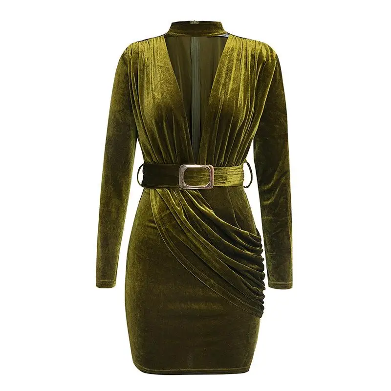 

Velvet Dresses Women Sexy Deep V -Neck Long Sleeve Ruched Sash Charming Midi Ladies Elegant Vestidos Classic Chic Party Clothes