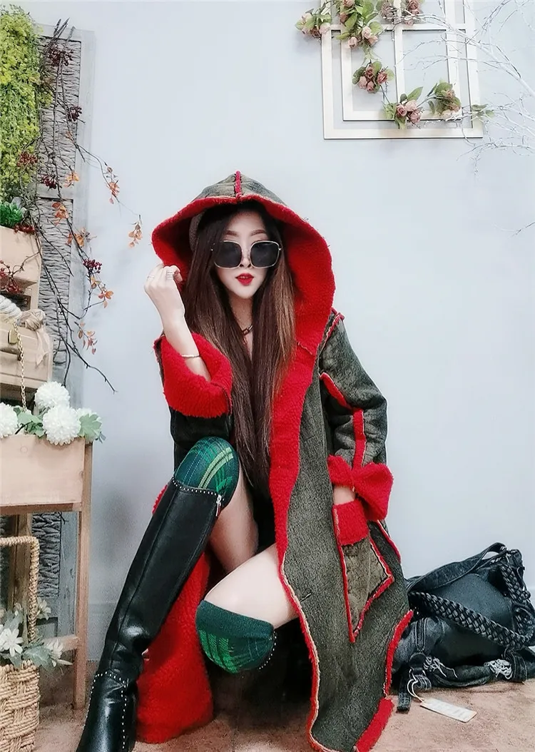 

Thick Warm Winter Jacket Women Casual Coat With Fleece Hooded Long Winter Coat Jean Patchwork Trench coat Parkas Snow Wear XC122