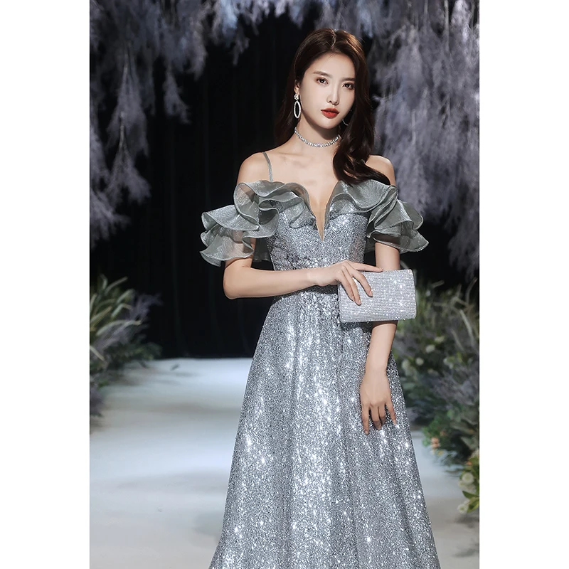 

Gorgeous Sliver Grey Spaghetti Strap Off Shoulder Long Evening Dress Elegant Sequin Backless Bandage Formal Performance Dress