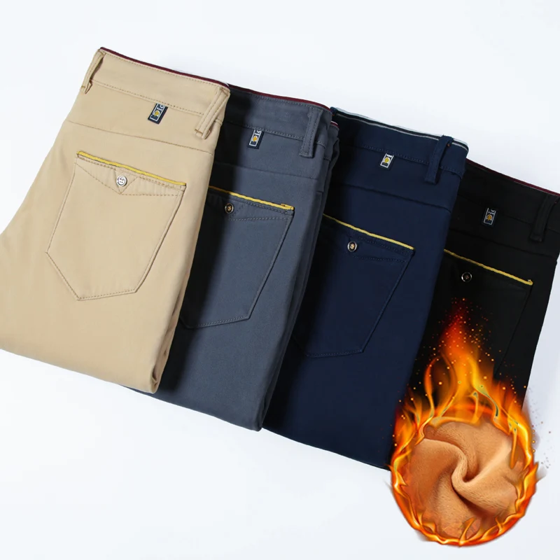 

4 colors Men's winter Fleece Fluff Thicken warm Casual Pants men Business Straight Elastic Thick Khaki cotton trousers male