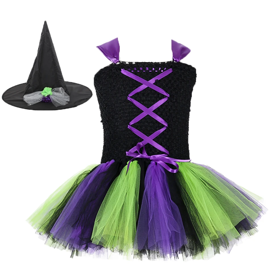 Хэллоуин злой ведьмы платье-пачка для девочек со шляпой цвета: черный фиолетовый