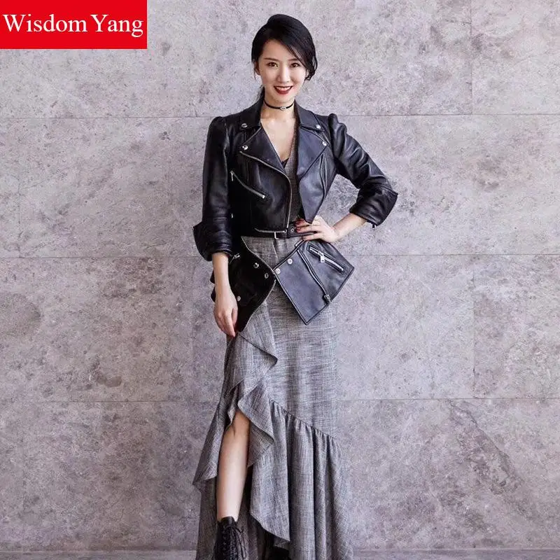 Autumn Black Sheepskin Leather Coat Jackets Genuine Motorcycle Jacket Womens Tops Ladies asymmetrical Coats Overcoat Outerwear