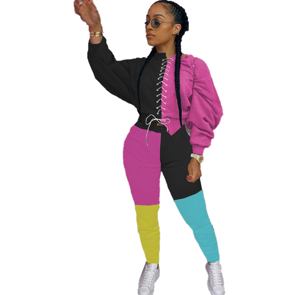 

2020 New Women Autumn Long Sleeve 2 Piece Set Blocked Patchwork Clashing Tracksuits Streetwear Lounge Wear Outfits Matching Sets
