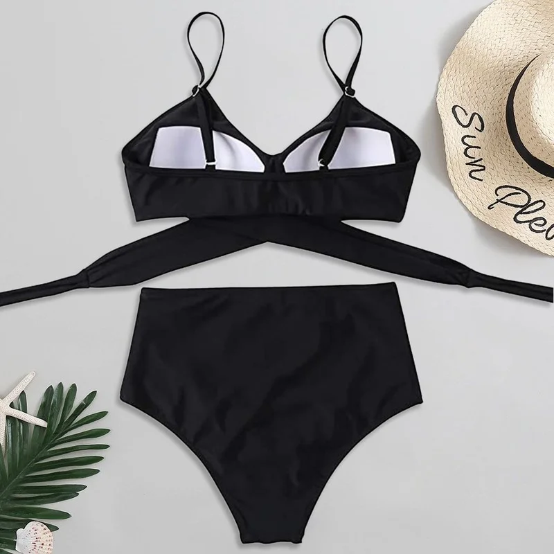 

Summer Sexy Two Piece Set Bikini Set Beach Holiday Swimwear Cross High Waist Split Swimsuit with Detachable Breast Pad New Women
