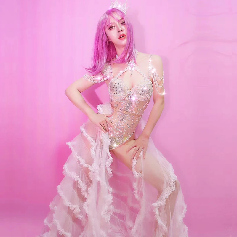 Белые стразы сексуальный костюм для сцены сетчатый задний женский танцевальный