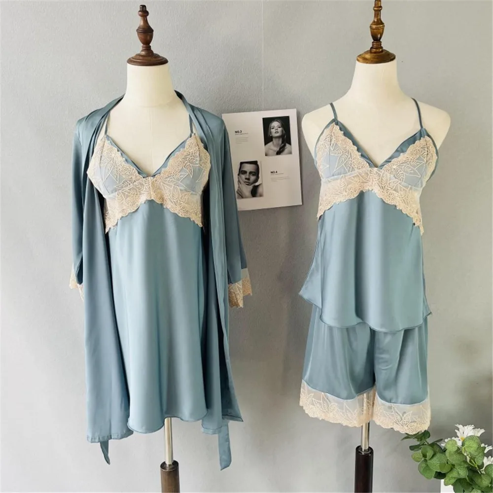 

Spring Women Satin Robe Nightdress Sling Shorts 4/3/2/2/1 Pajamas Sets Sleepwear Nightwear Sleep Lounge Pijama With Chest Pads