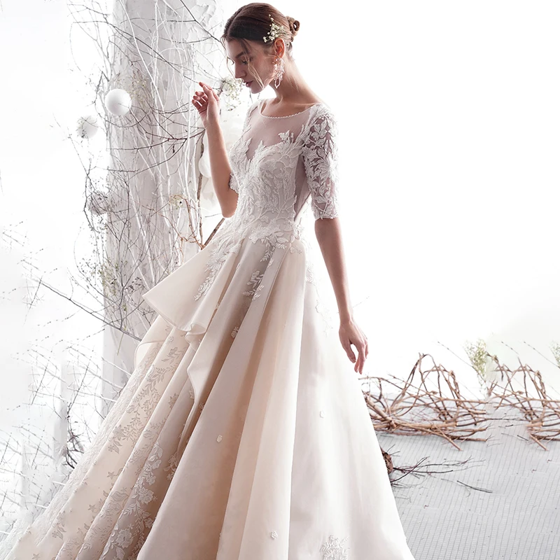 LDR02 White Long Sleeve Wedding Dress Bride 2021 Temperament New Wedding Simple Applique Printed Pattern платья свадебные