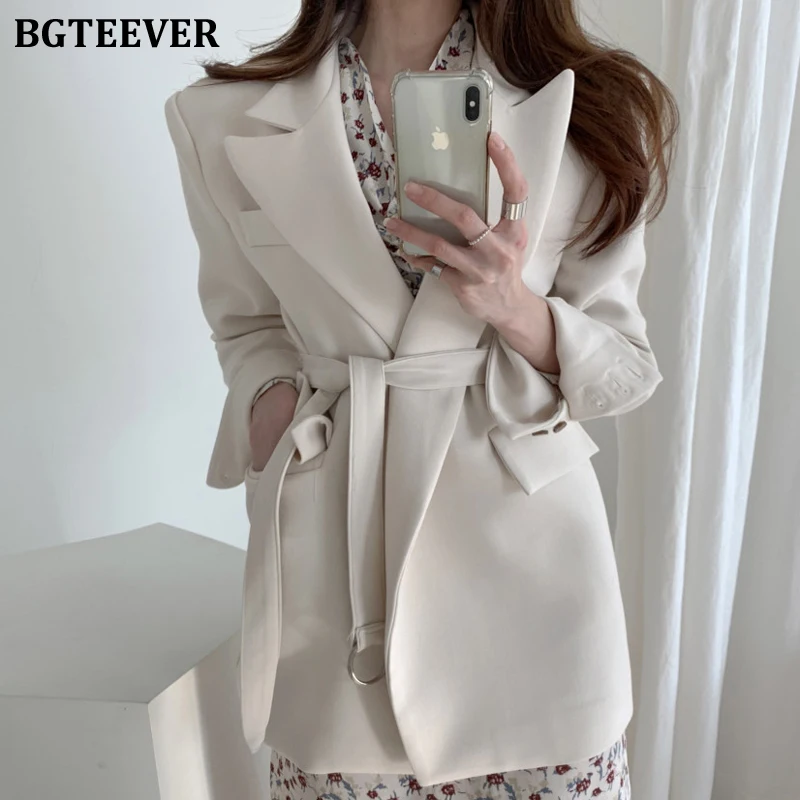 

BGTEEVER Chic Office Ladies Notched Collar Blazer Autumn Winter 2020 Long Sleeve Belted Sashes Loose Elegant Women Suit Jackets