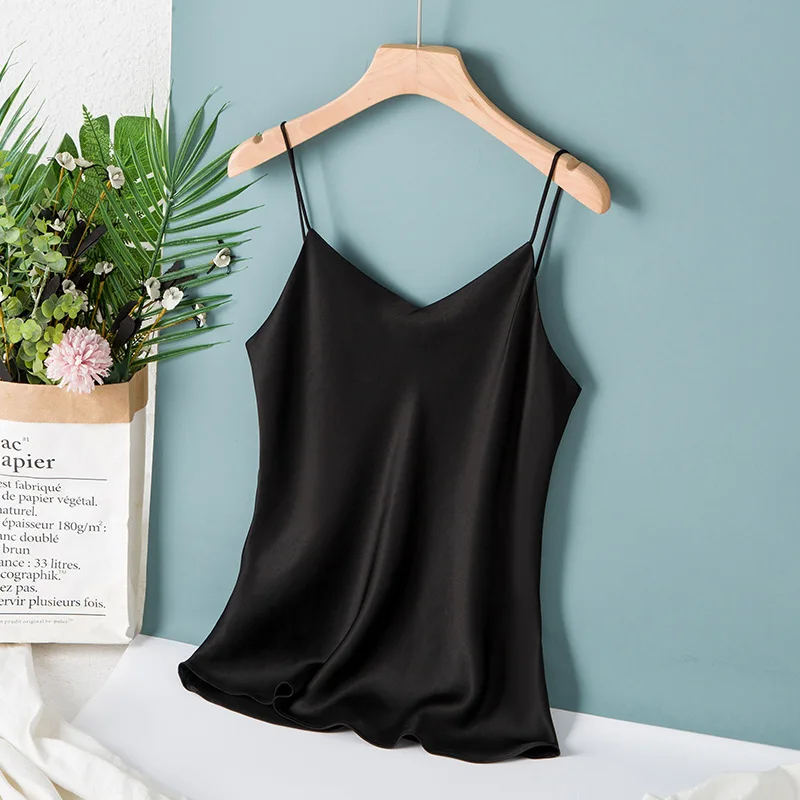 Gezelligheid Silk Tops For Women 2021 New Summer Sexy Elegant Casual  Bottom Loose Sleeveless V-Neck 100% Natural Silk Sling Top