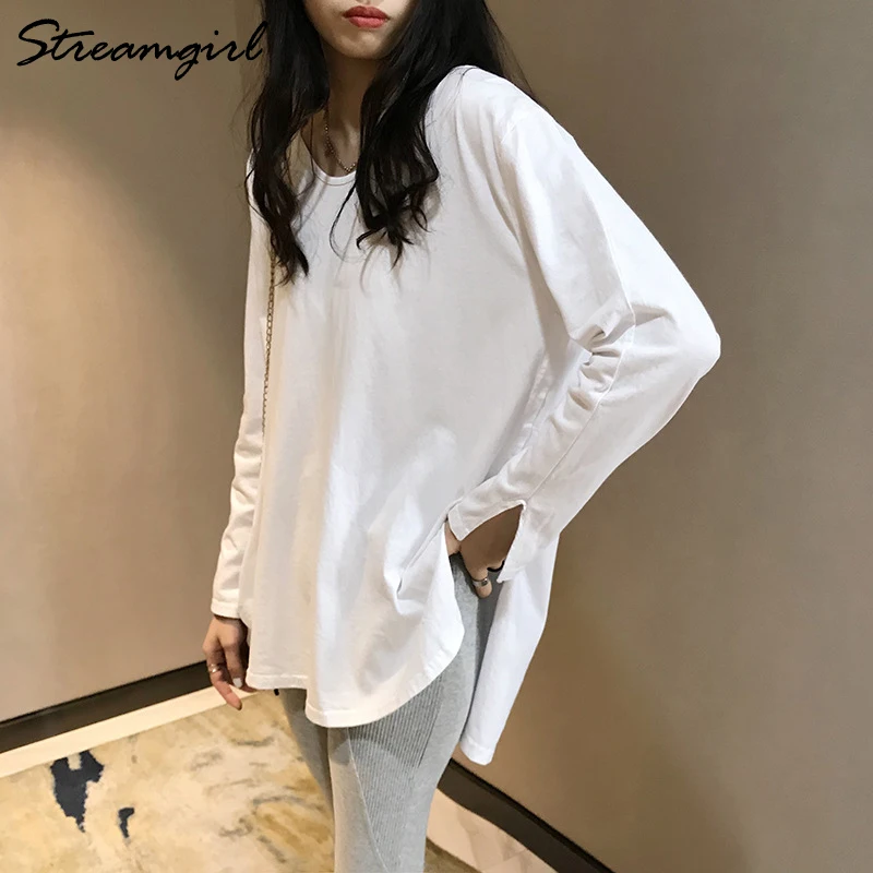 

Cotton Oversize Long Sleeve T Shirt Women 2021 Autumn O Neck White Side Split T Shirt Long Sleeve For Women Women's T-shirt