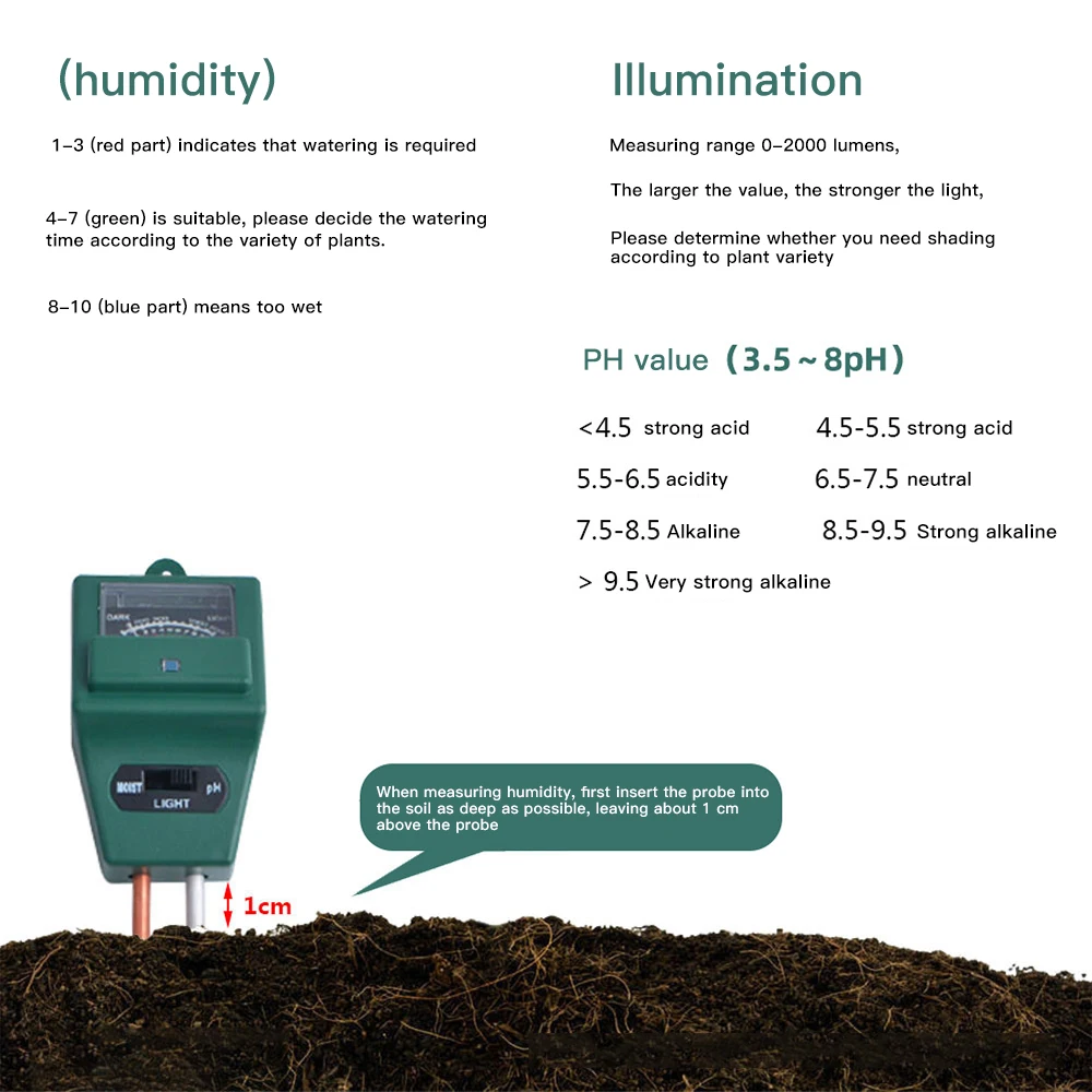 

Soil Moisture Measuring Sensor Tester Humidity Hygrometer Hydroponic Gardening Water Plant Flower Soil PH Tester Light Meter