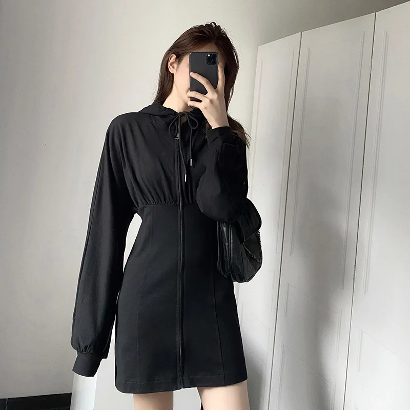 

Dress woman robe vestido dresses for women sukienka long sleeve jurk elbise Slim slimming hooded spring and autumn black with gr