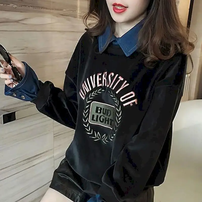 Fashion Gold Velvet Pullover Women Autumn Winter 2021 Korean Large Size Loose Plus Thickening Capless Fake Two-piece Tops | Женская