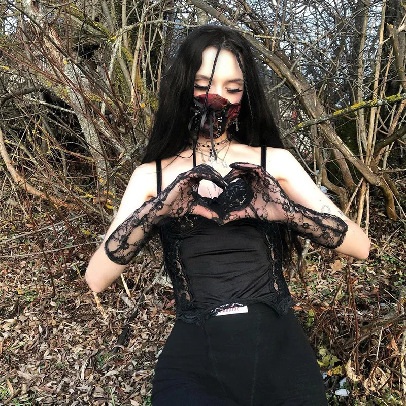 Винтажный кружевной черный топ InsGoth готический сексуальный бюстгальтер