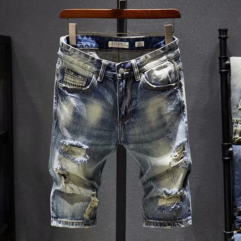 

Summer New Men's Stretch Ripped Short Jeans Fashion Casual Loose High Quality Elastic Tooling Broken Hole Denim Shorts Male
