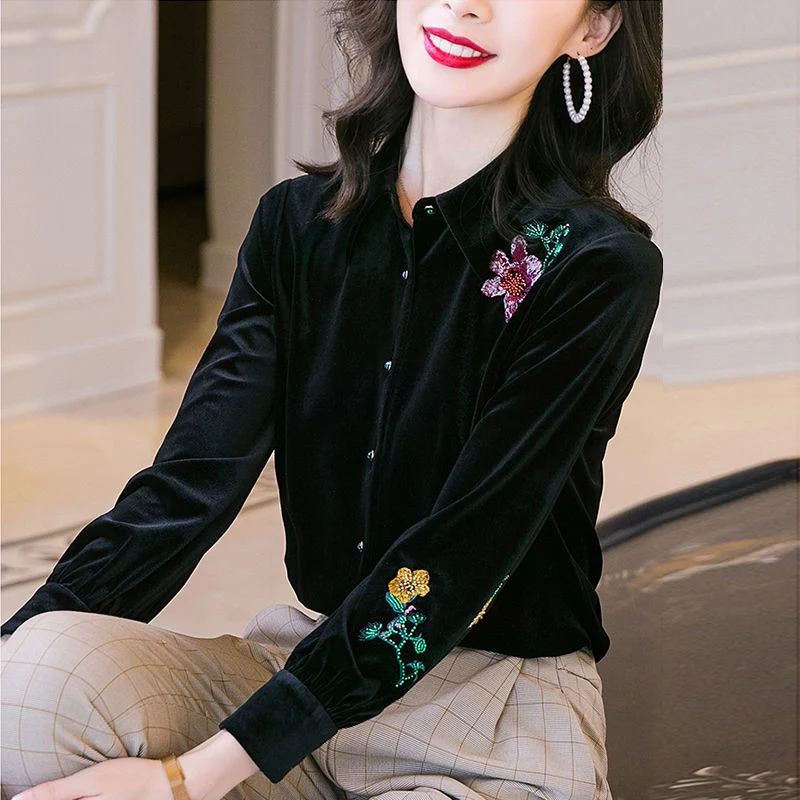 

Women Spring Autumn Style Pleuche Blouses Shirts Lady Embroidery Long Sleeve Turn-down Collar Pleuche Blusas Tops