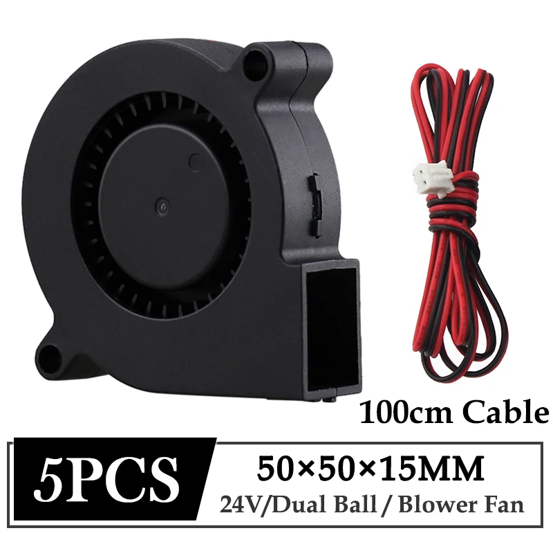 Вентилятор Gdstime 5015, 5 шт., 50 мм, 24 В постоянного тока, двойной шарикоподшипник, для 3D-принтера, 1 м, длинный кабель, охлаждающий вентилятор 5 см, 50 мм x 15 мм