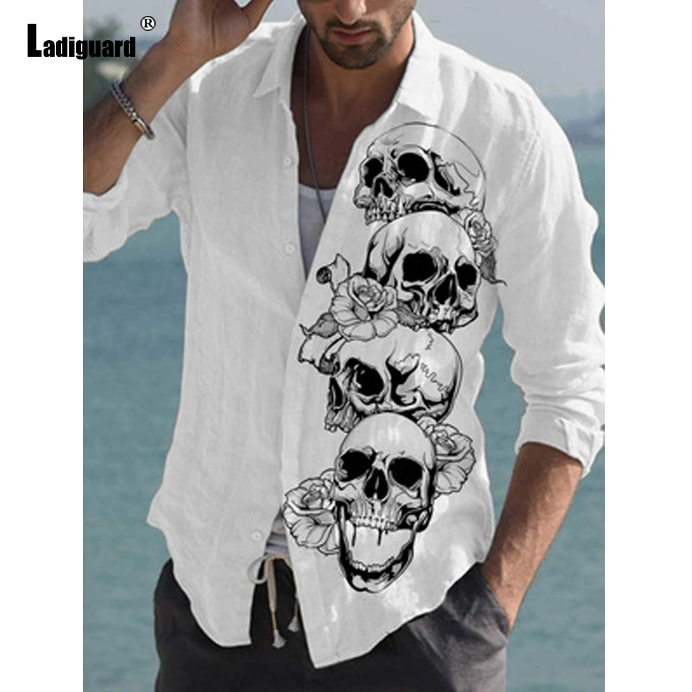 

Plus Size 4xl 5xl Men Fashion Shirt Long Sleeve Gothic 3D Print Blouse Sexy Mens clothing 2021 Single-breasted Tops Streetwear