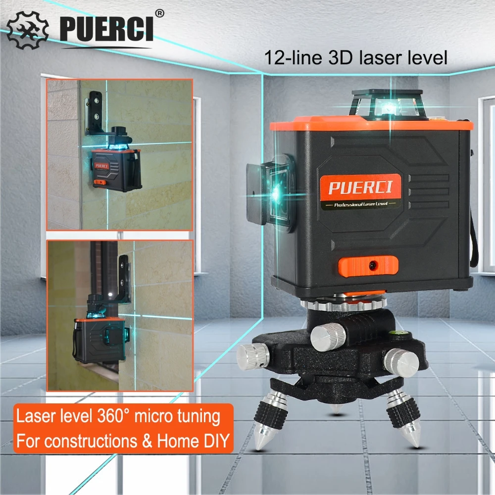 

PUERCI P6CG 12 lines Laser Level With Lithium Battery Green 3D Laser LevelS Self- Leveling 360 Horizontal & Vertical Cross Line