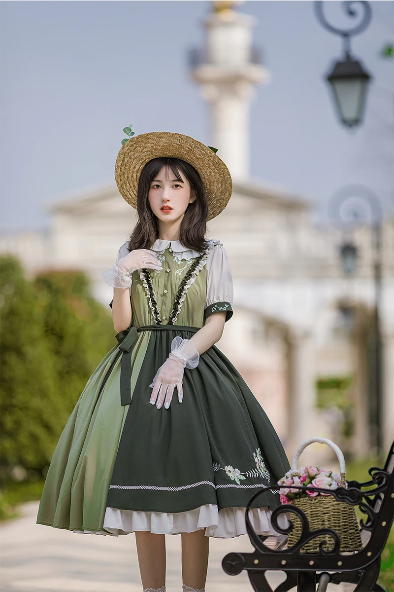 

Luxury Lolita Embroidery Dress Retro Elegant Sweet Female Girl Loli Dress Op Patchwork Peter Pan Collar Short Sleeve Lolita Girl