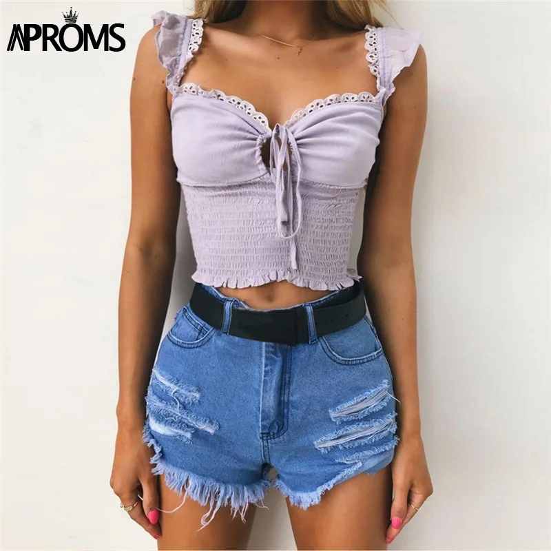 Aproms, элегантные, с рюшами, женские топы, сексуальные, с бантом, на завязках, женские Топики, повседневные, укороченные, летние, тянущиеся, белые, короткий топ