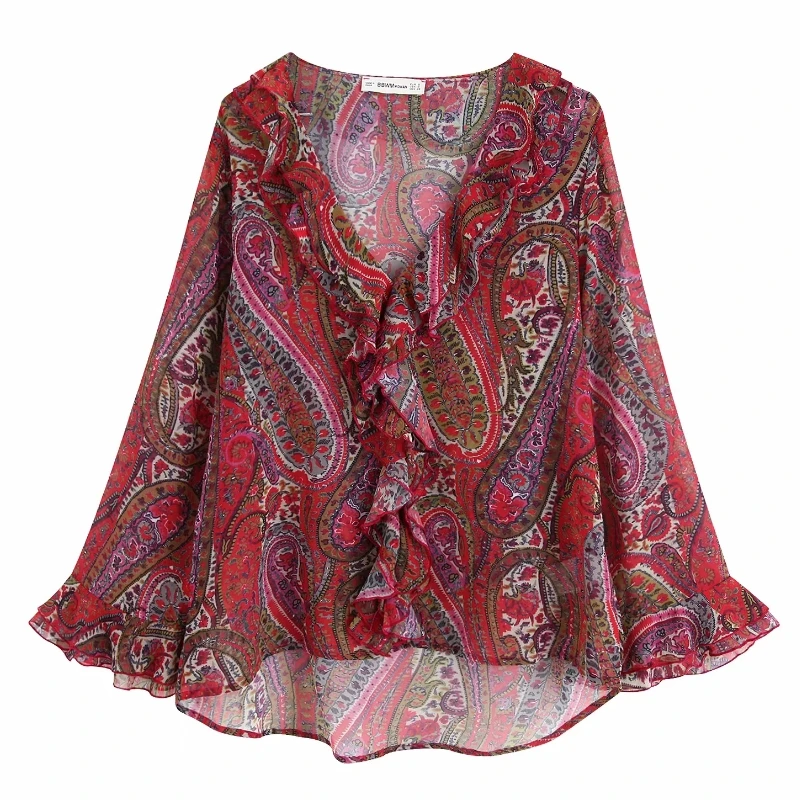 Женская шифоновая блузка в винтажном стиле с v образным вырезом каскадными