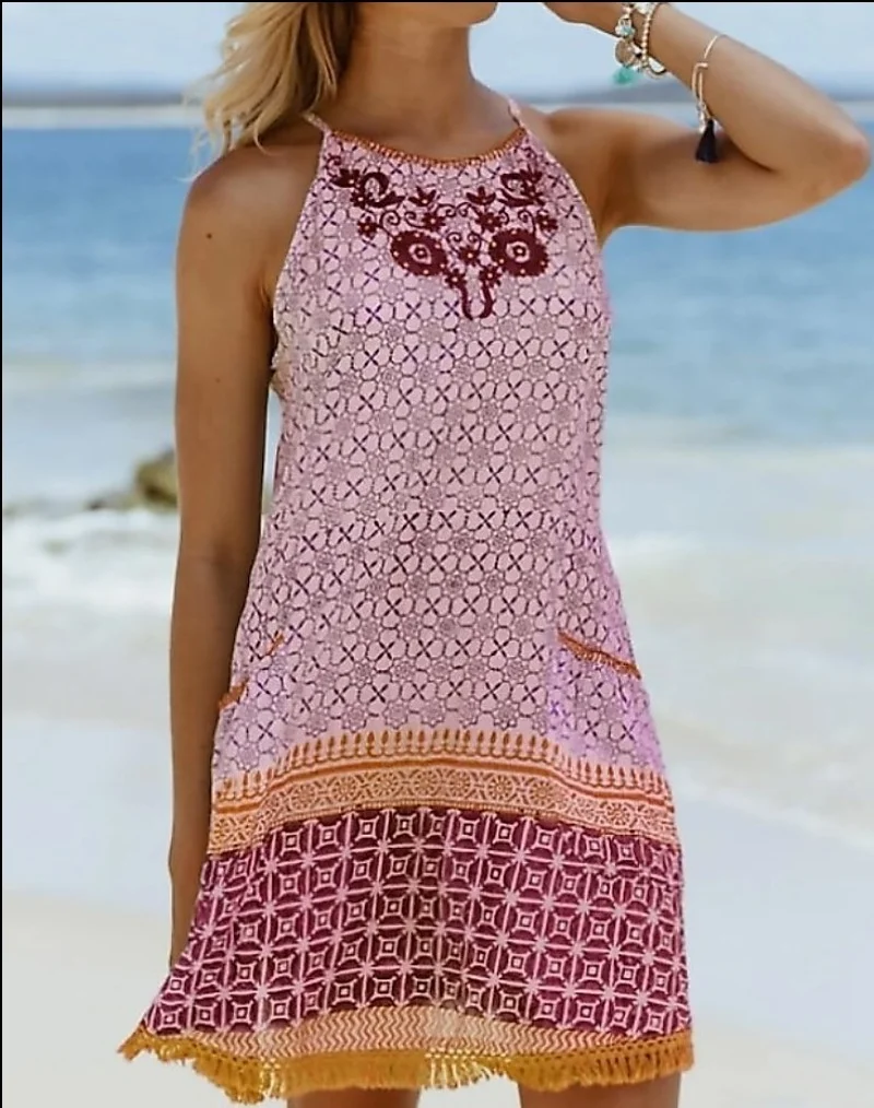 

Lugentolo Summer Dress Women Beach Style Sling Print Mini Dress Plus Size Halter A-Line Casual Dress