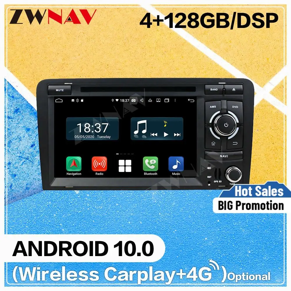 DVD-плеер Carplay 128 ГБ Android 10 для Audi A3 2003-2008 2009 2010 2011 2012 2013 GPS автомобильное радио аудио