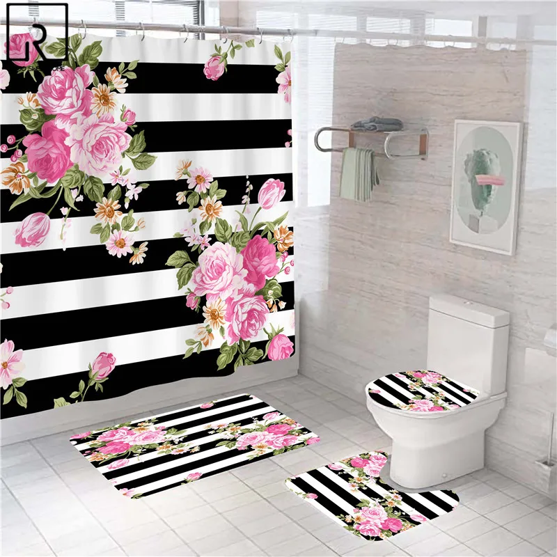 

Женская занавеска для душа, шторка из полиэстера с черными полосками и розовыми цветами розы, Набор ковриков для ванной комнаты, Современно...