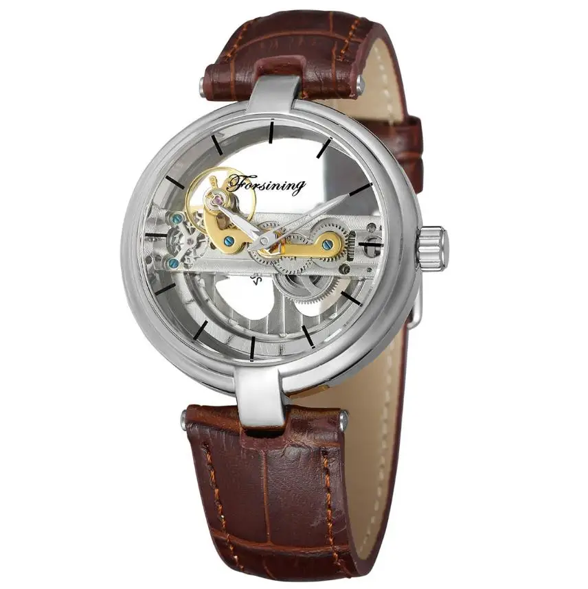 Ультратонкие серебряные автоматические механические мужские часы Tourbillon из натуральной кожи ремешок прозрачный циферблат спортивные часы мужские Relojes - Цвет: brown silver