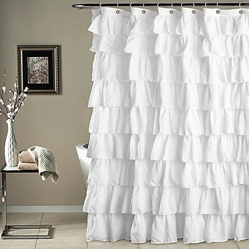 New Plain White and Gray Waterproof Corrugated Edge Shower Curtain Ruffled Bath Curtains for Bathroom Decoration Home Supplies