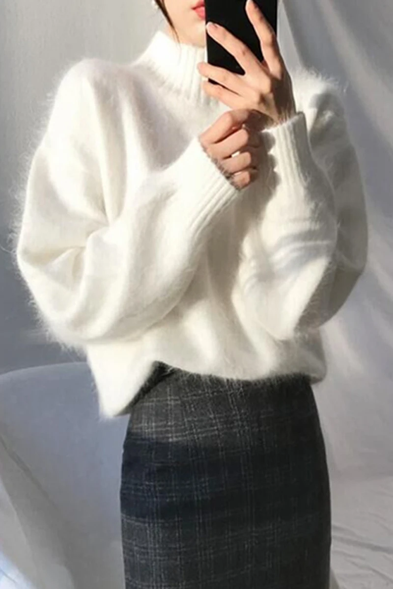 

Autumn and Winter new white mohair loose lazy wind thick sweater women's outer wear semi-high collar pullover inner top