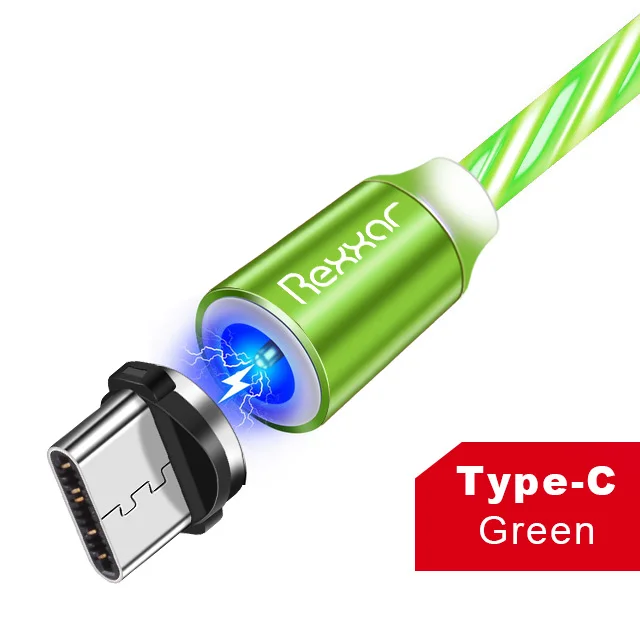 Type C Green Rexxar Магнитный кабель type C Micro USB светодиодный магнитный usb-кабель для зарядки для Apple IPhone X 7 8 6 Xs Max XR samsung s9 Xiaomi шнур - Цвет: Type C Green