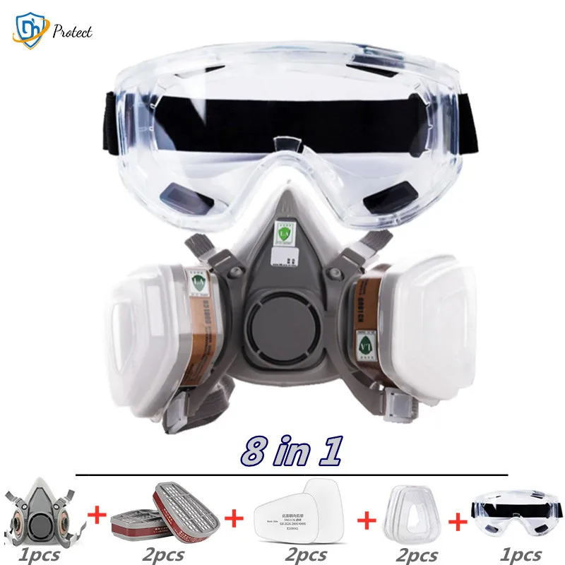 

New 8-In-1 6200 Dust Gas Mask With Safety Goggles Half Face Gas Respirator For Painting Spraying Polishing Work Safety