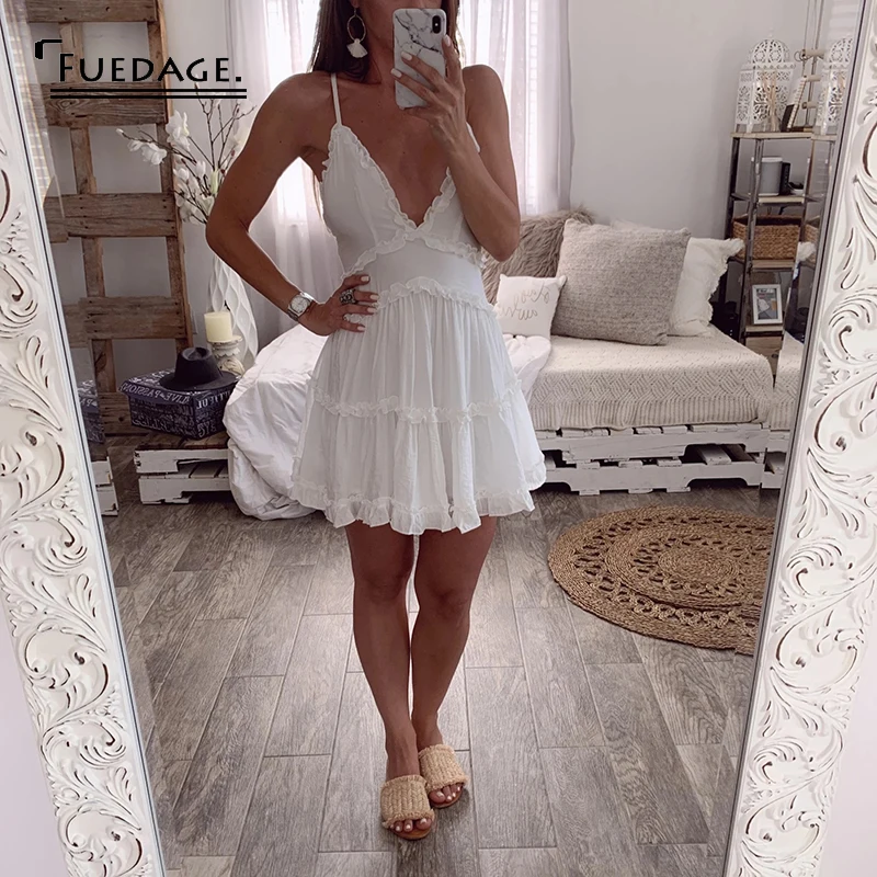 Fuedage/Летнее белое сексуальное женское платье с глубоким v-образным вырезом на