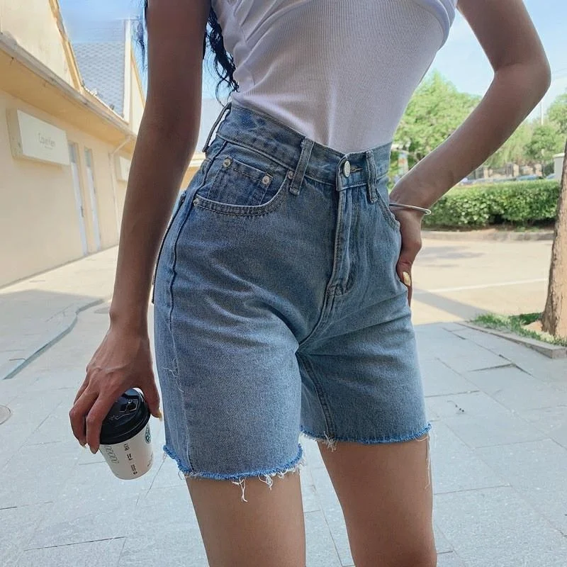 

Summer new high waist slim jeans fringed tight-fitting denim shorts washed jeans