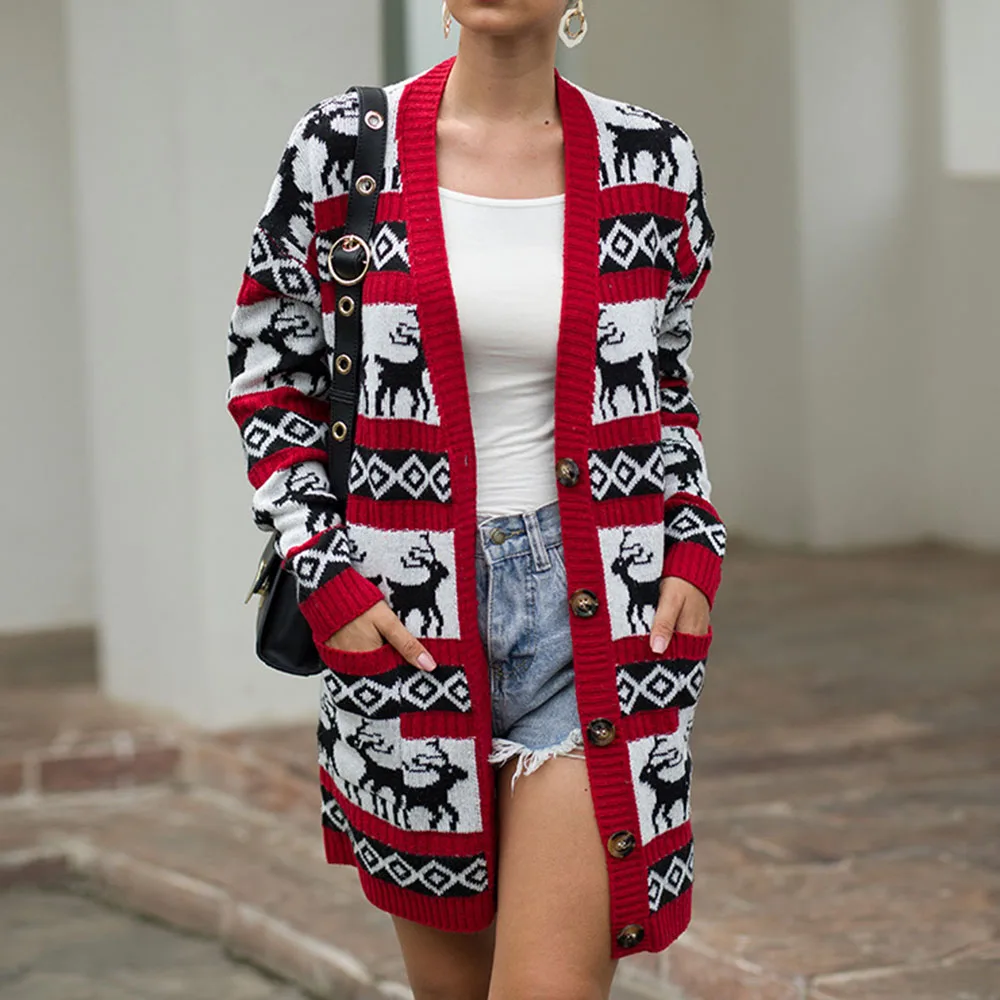 Зимний Кардиган Рождественский свитер для женщин принт с животными милый олень