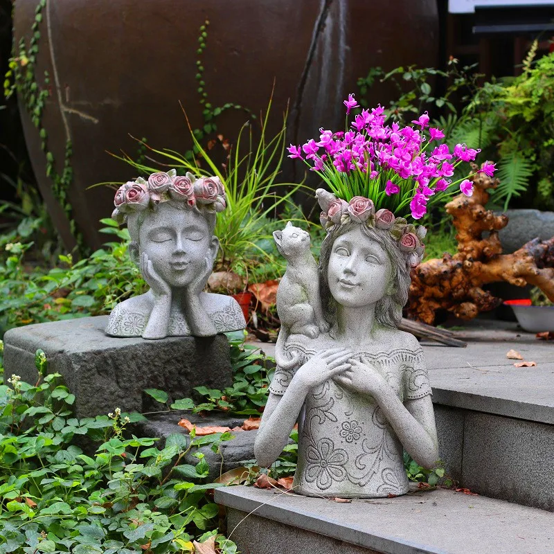 

Home Decor Accessories Courtyard A Cat Stands Opposite The Girl On The Shoulder Of The Girl Statue Garden Sculpture Flower Pot