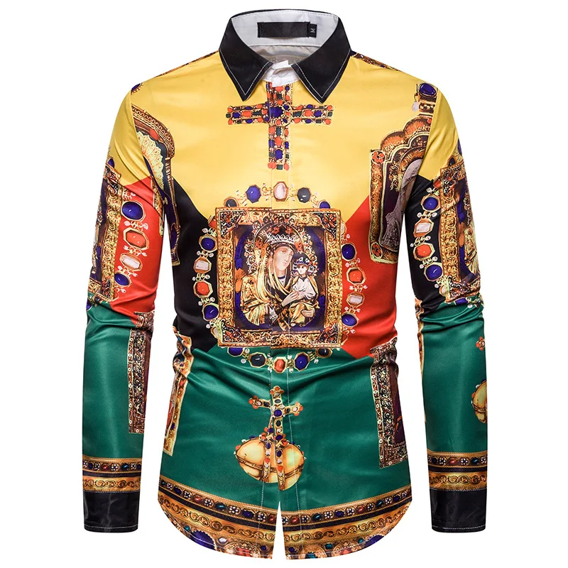 Luxury Royal Mens Shirts Casual Slim Fit Cross Gemstone Printed Long Sleeve Slim Fit Chemise Homme Men Prom Party Tuxedo Shirt