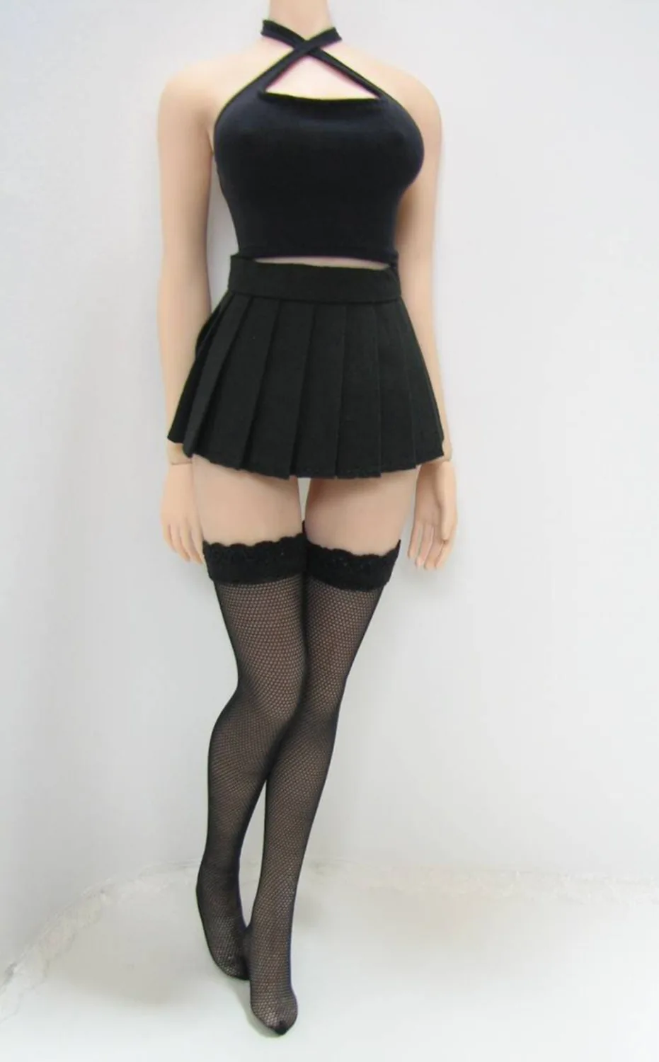 

1:6 Scale Female Girl Black Halter tops&dress&stocking Clothes Set PL98 For Woman Seamless Body Large Bust PHICEN Doll Toys Acc