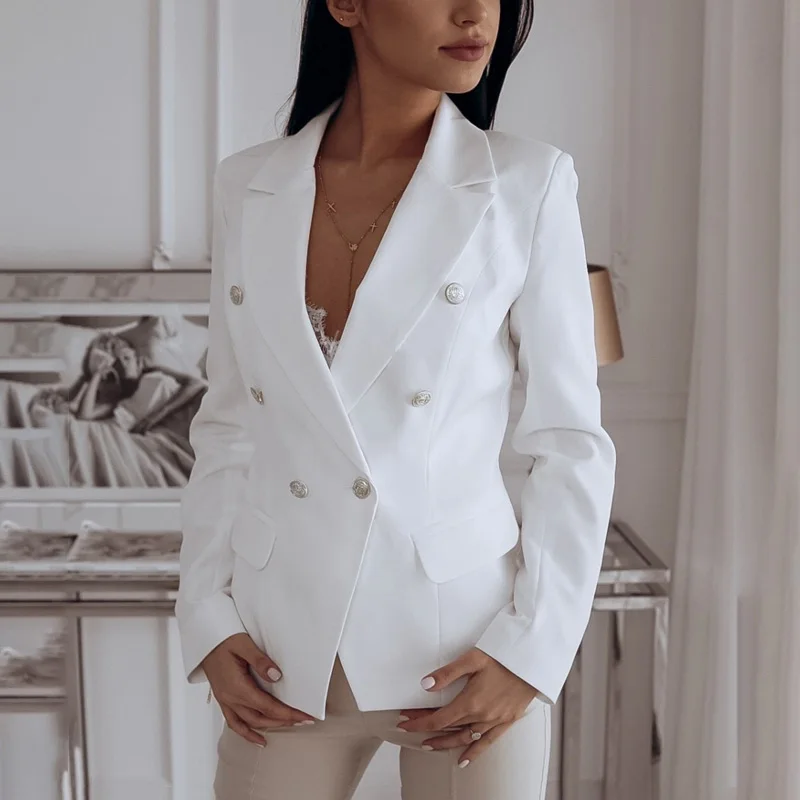Твердые Цвет Slim Fit Блейзер, деловая, для офиса, женские лоферы для работы Женское пальто с отложным воротником, длинный рукав, двубортные блейзеры для женщин