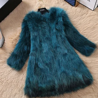 PeacockBlue 75CM LEDEDAZ натуральный мех лисы пальто X-Long тонкая женская зимняя куртка и пальто роскошный природный натуральный мех пальто плюс размер лисий мех жилет - Цвет: PeacockBlue 75CM