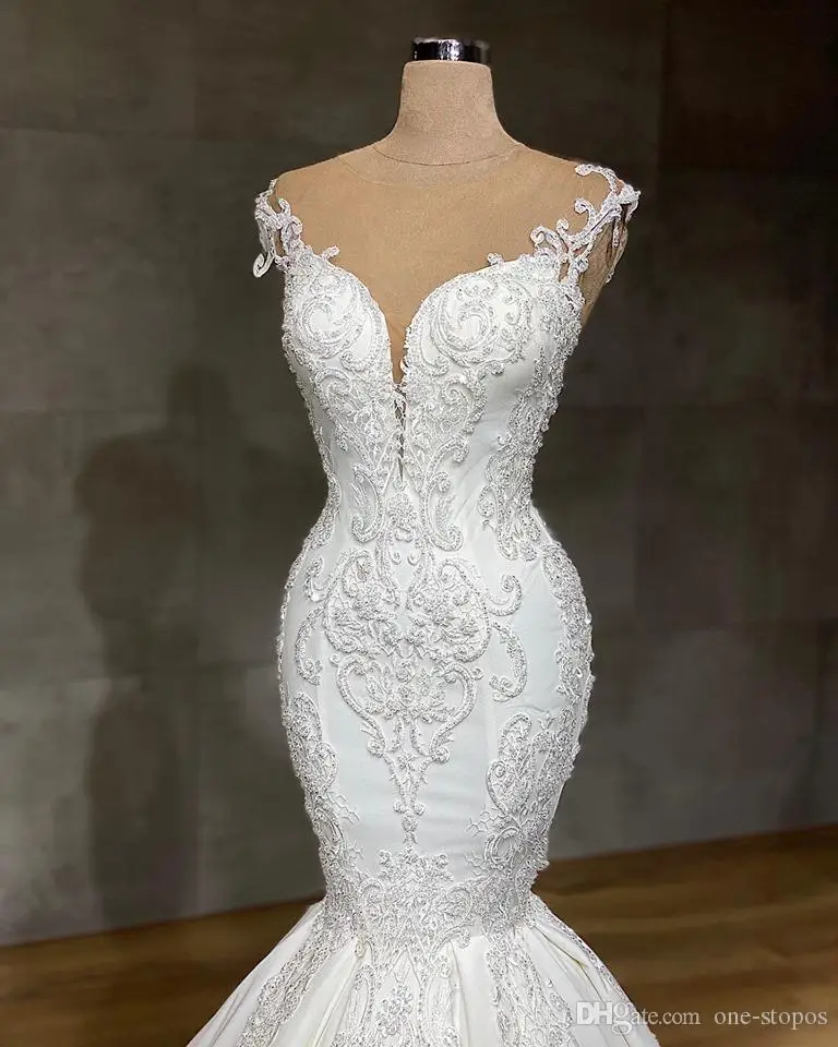 2020 Luxurious Mermaid Lace Wedding Dresses Jewel Neck Full Appliqued Crystal Long Cathedral Train Bridal Gowns | Свадьбы и