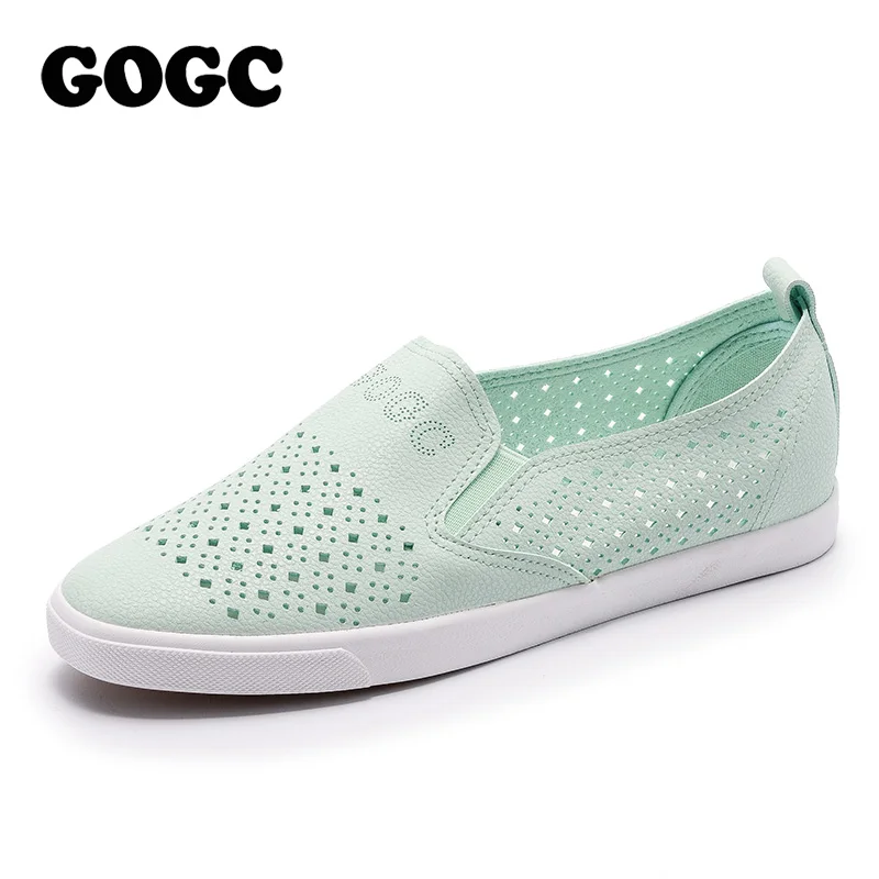 G936-21 GOGC слипоны Для женщин отверстие Обувь Дамские кожаные туфли дышащие мягкие Женская обувь на плоской подошве вулканизированной скольжения на Для женщин Спортивная обувь - Цвет: G936-21