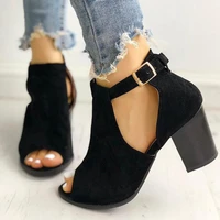 thick heel peep toe sandals black suede women pumps shoes 2021 summer fashion plus size 43 cover buckles female sandals
